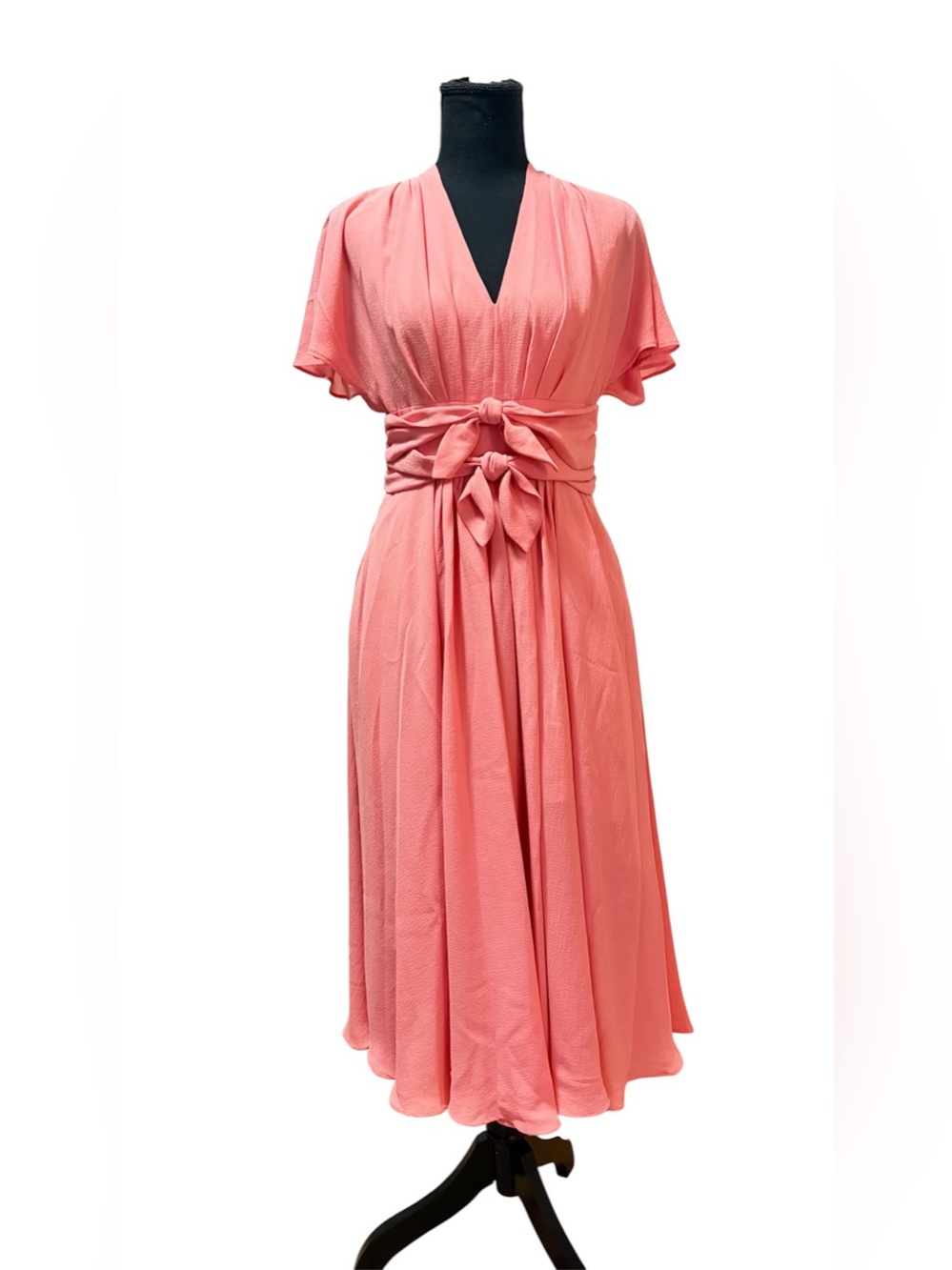 Gal Meets Glam Size 2 Jane Tie Waist Midi Dress in Peach Pockets, Bows, Flowy